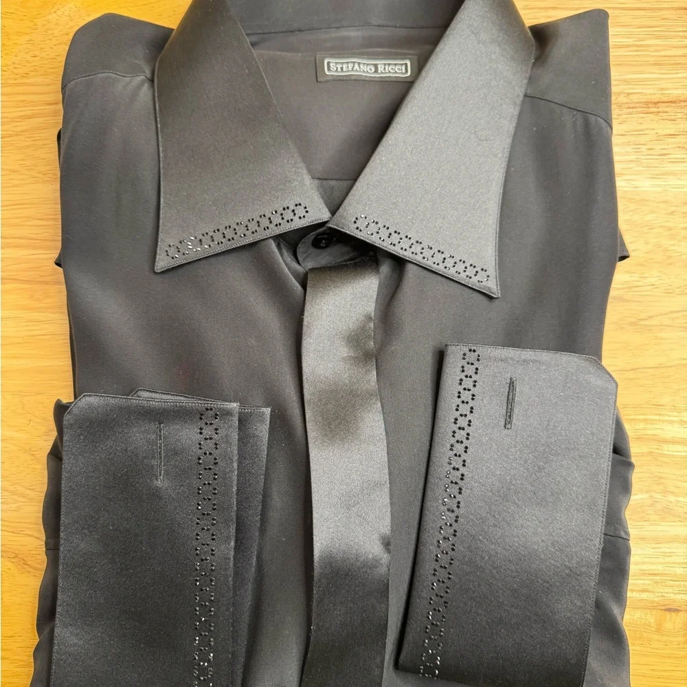 Stefano Ricci Black Men's Silk Luxury Shirt w/ Swarovski Crystals & French Cuffs - Picture 1 of 2